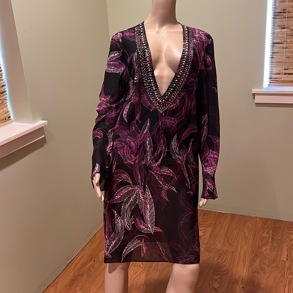 Moda International Sheer Beach Swim Coverup With Embellished Neckline Size XL